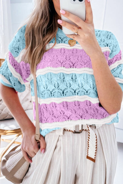 Purple Stripe Color Block Hollow Out Crochet Half Sleeve Sweater