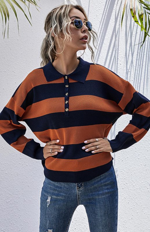 Women's Autumn Fashion Orange Striped Pullover Sweatshirt