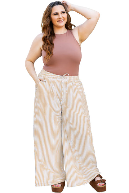 Khaki Stripe Plus Size Drawstring High Waist Wide Leg Pants