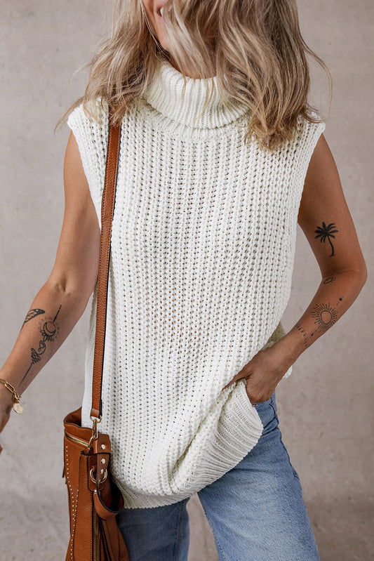 White Turtleneck Knitted Slit Hem Sweater Vest