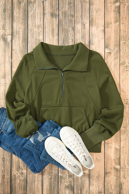 Moss Green Quarter Zip Stand Neck Kangaroo Pocket Sweatshirt