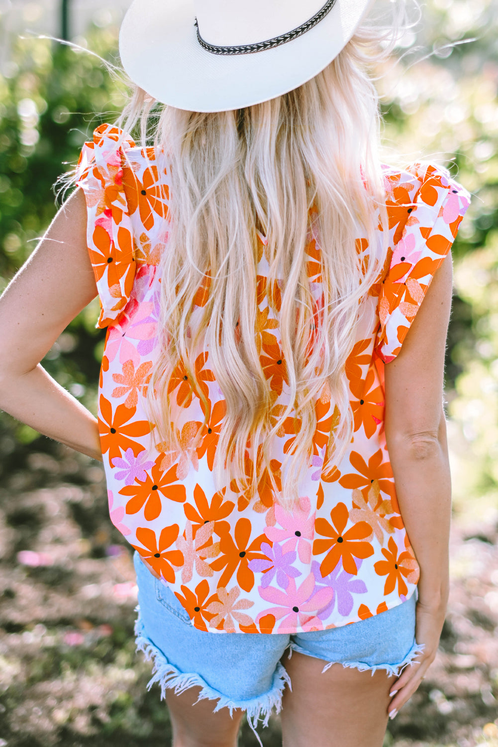 Orange Ruffled Sleeve Smocked Floral Top