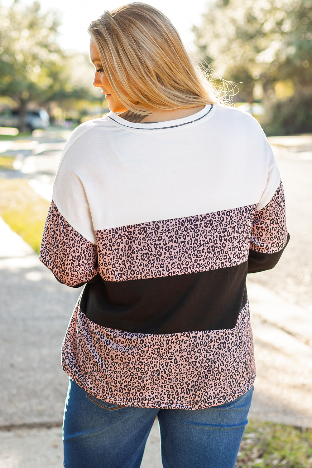 Black Leopard Print Colorblock V Neck Long Sleeve Plus Size Top