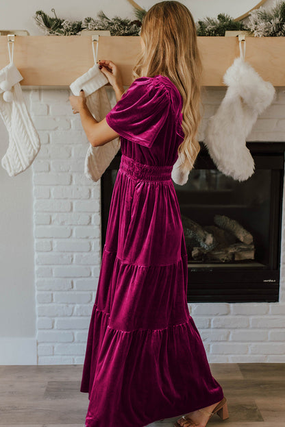 Red Dahlia Velvet Short Sleeve Shirred Waist Tiered Maxi Dress