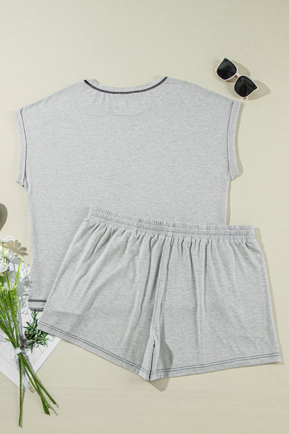 Gray Contrast Stitching Cuffed Sleeve Plus Shorts Set