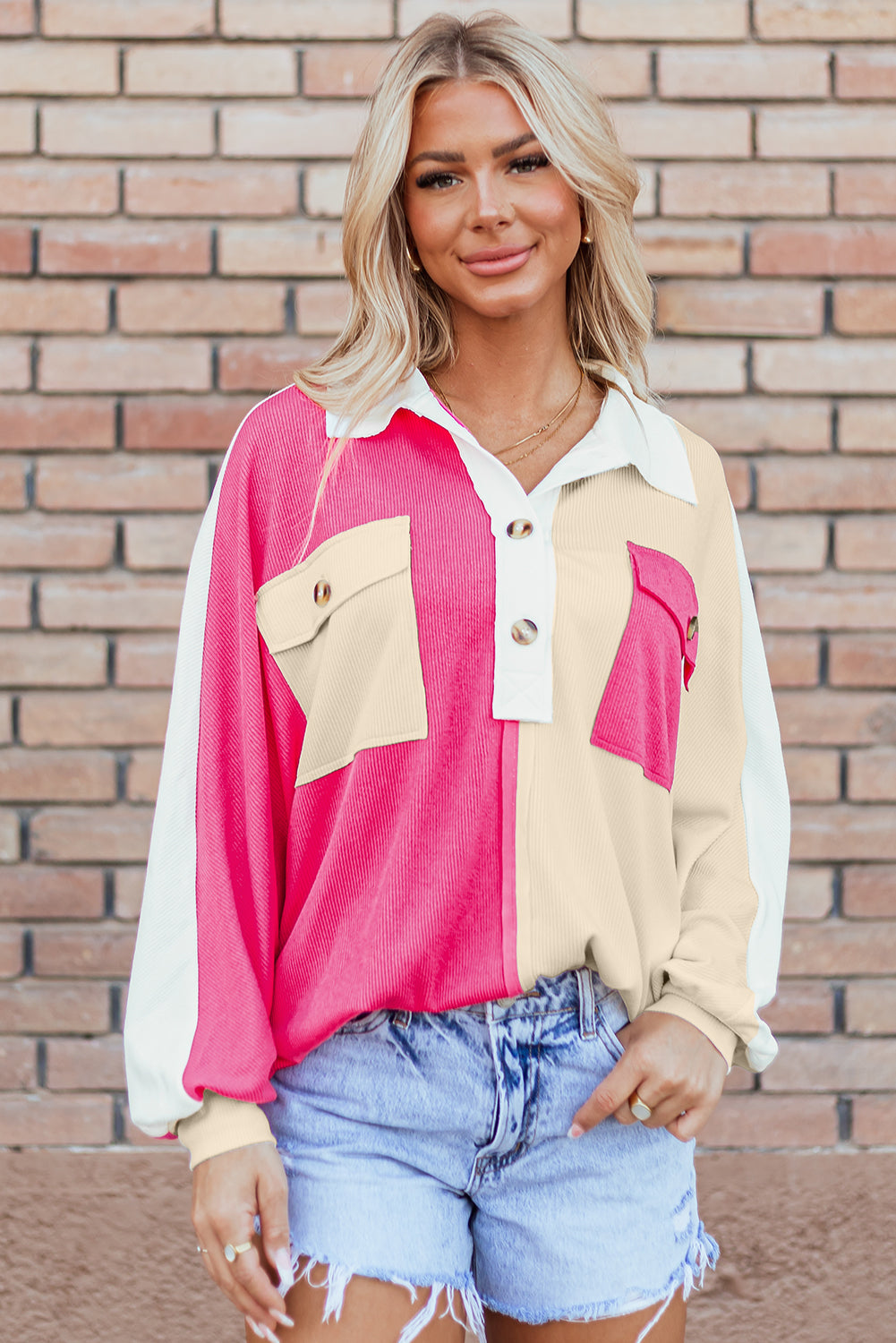 Rose Red Colorblock Ribbed Collared Oversized Sweatshirt