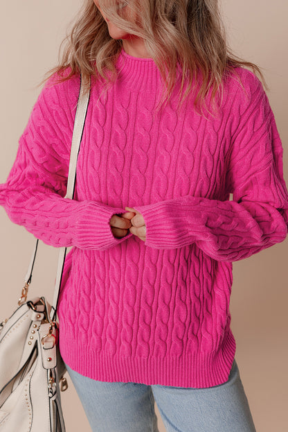 Rose Red Solid Cable Knit High Neck Drop Shoulder Sweater