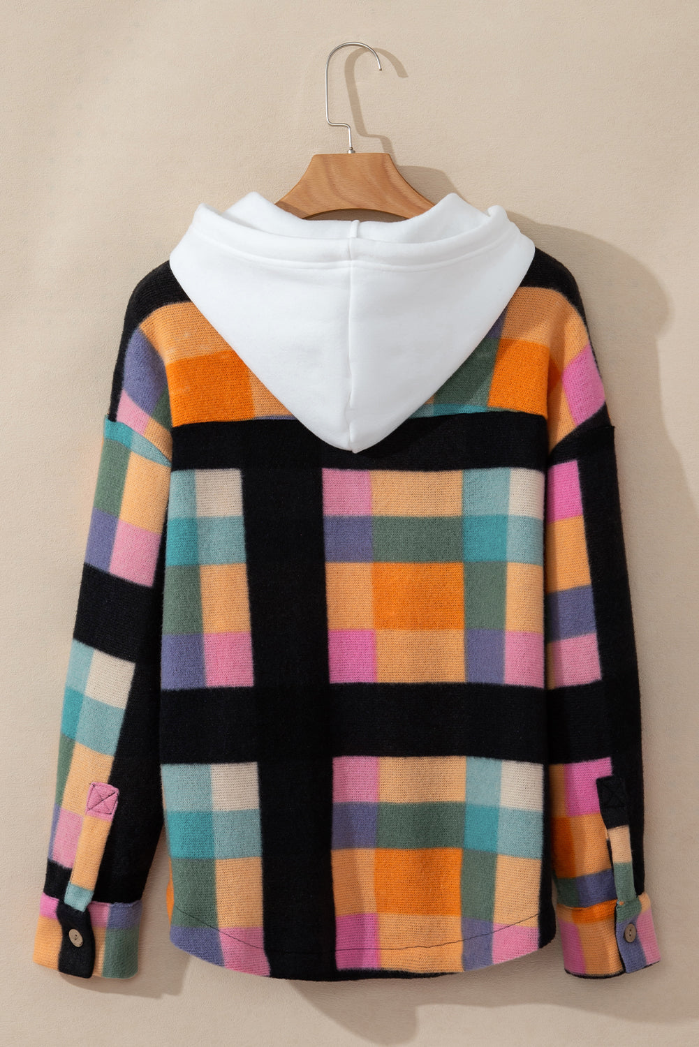 Multicolour Plaid Color Block Flap Pocket Buttoned Hoodie