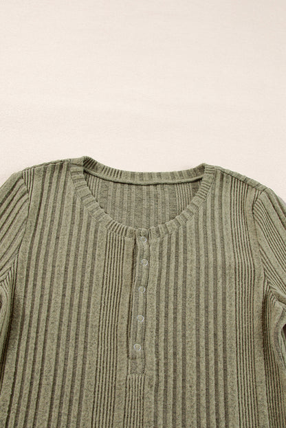 Jungle Green Ribbed Knit Half Button Slim Fit Blouse