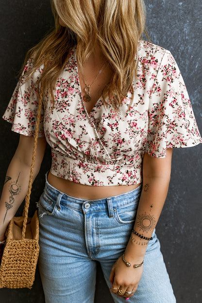 Pink Floral Print V Neck Wrapped Cropped Blouse