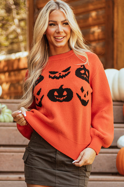 Orange Halloween Pumpkin Face Pattern Drop Shoulder Sweater