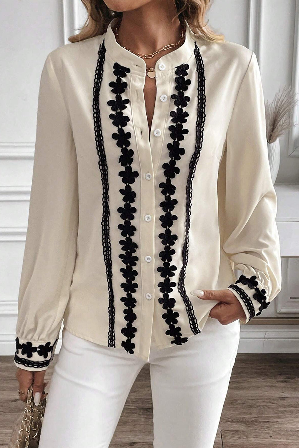 Beige Floral Embroidered Stand Neck Buttoned Shirt