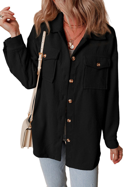 Black Corduroy Flap Pocket Button Up Shacket