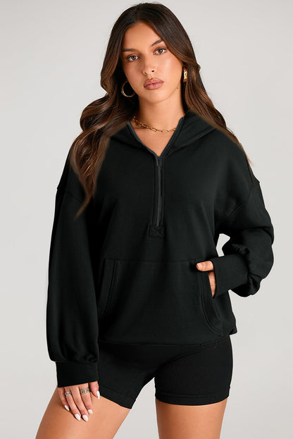 Black Solid Kangaroo Pocket Half Zipper Oversized Hoodie