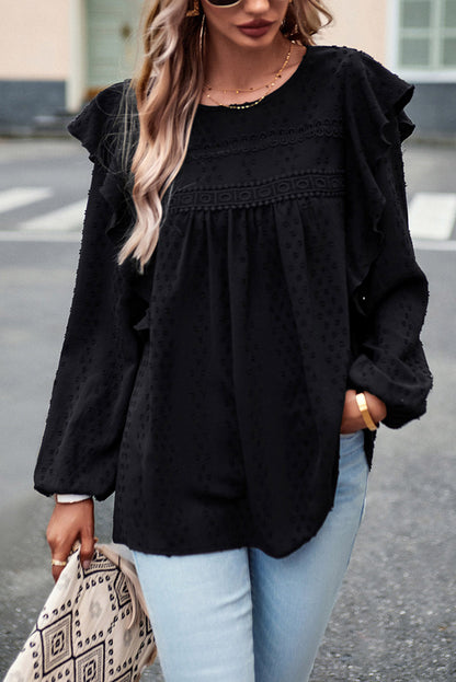 Black Lace Eyelet Ruffle Shoulder Long Sleeve Blouse