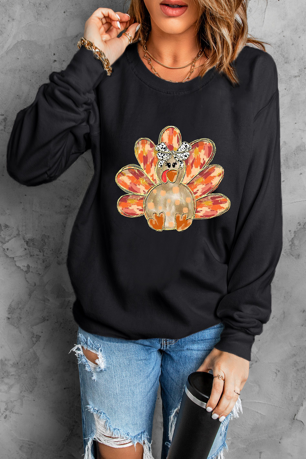 Black Thanksgiving Turkey Graphic Drop Shoulder Sweatshirt