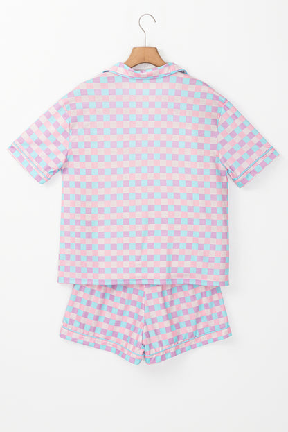 Purple Checkered Pattern Short Sleeve Pajamas Set