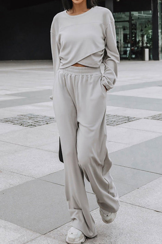 Light Grey Solid Criss Cross Crop Top and Pants Active Set