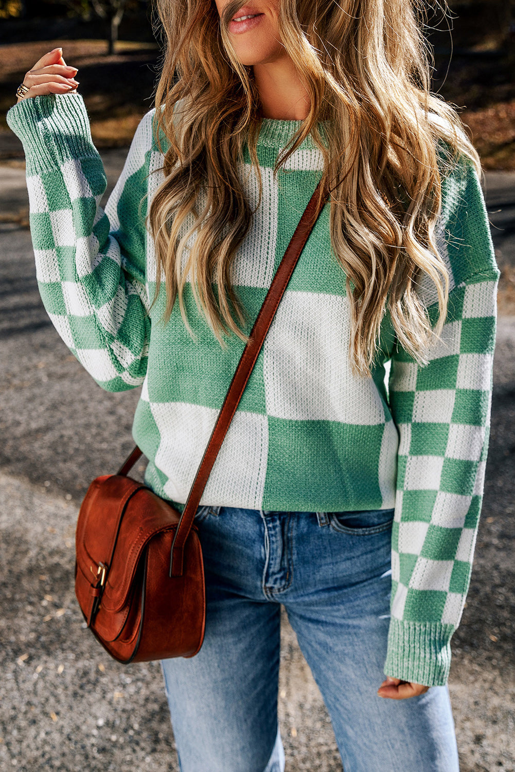 Mint Green Checkered Print Drop Shoulder Sweater