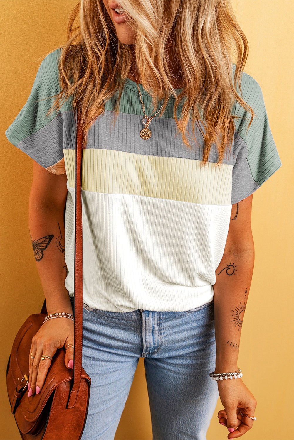 Moonlight Jade Ribbed Color Block Patchwork T-Shirt