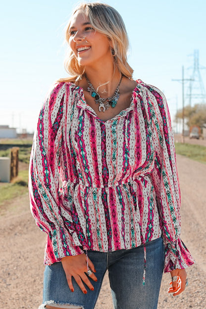 Multicolour Western Aztec Split Neck Peplum Blouse