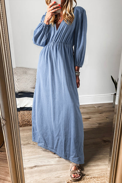 Myosotis Chambray Deep V-Neck Bracelet Sleeve Maxi Dress