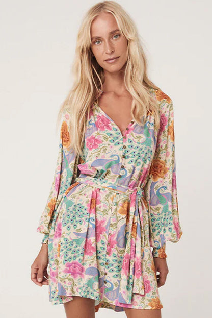 Multicolour Floral Print Bubble Sleeve Buttoned V Neck Mini Dress