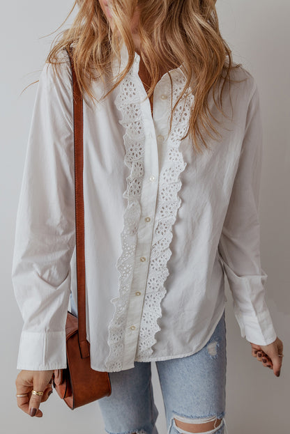 White Lace Crochet Trim Turn Down Collar Buttoned Shirt