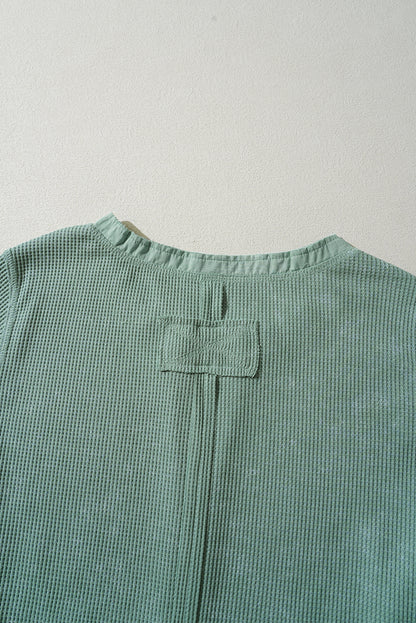 Smoke Green Acid Wash Waffle Knit Buttoned Neckline Long Sleeve Top