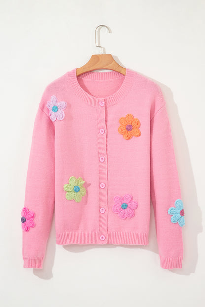 Pink Cute Knitted Floral Pattern Button Up Cardigan