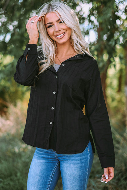 Black Textured Buttoned Pocket Long Sleeve Shirt