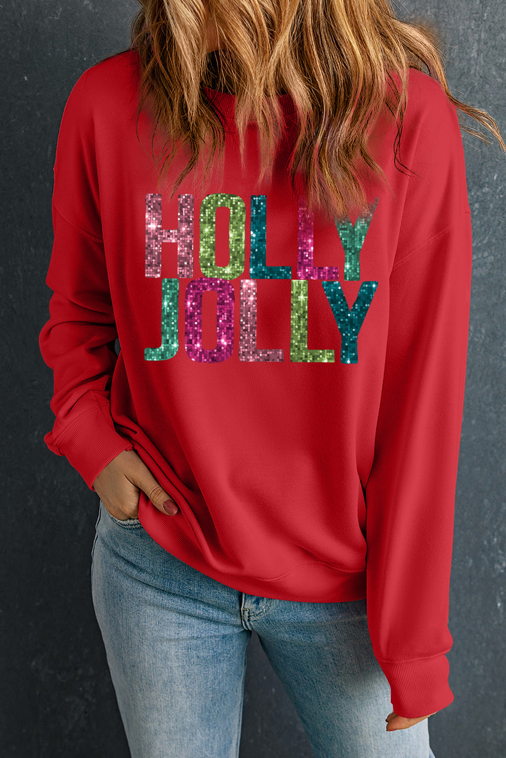 Red Heat Transfer HOLLY JOLLY Printing Christmas Pullover Sweatshirt