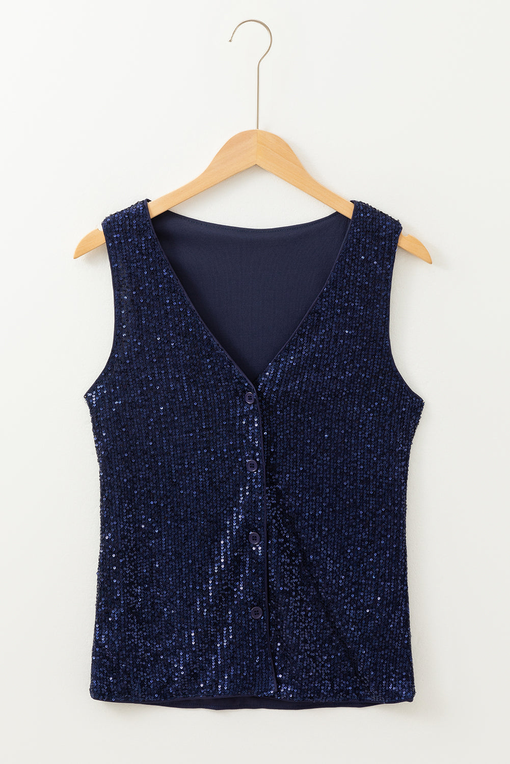 Dirty Blue Sequined Deep V-Neck Buttoned Tank Top