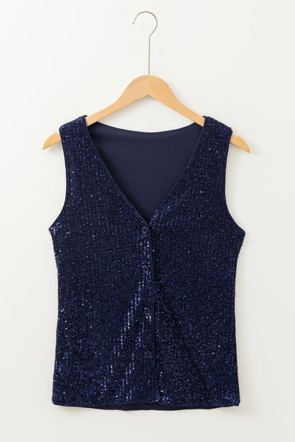 Dirty Blue Sequined Deep V-Neck Buttoned Tank Top