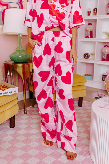 Pink Classic Heart Valentines Short Sleeve Pants Pajamas Set