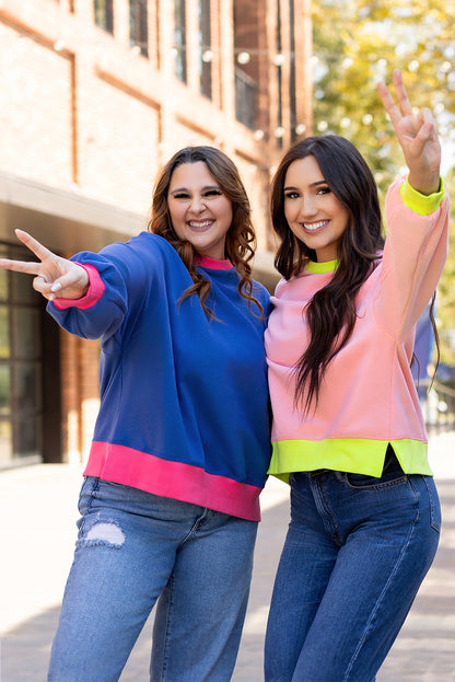 Pink Colorblock Bubble Sleeve Sweatshirt