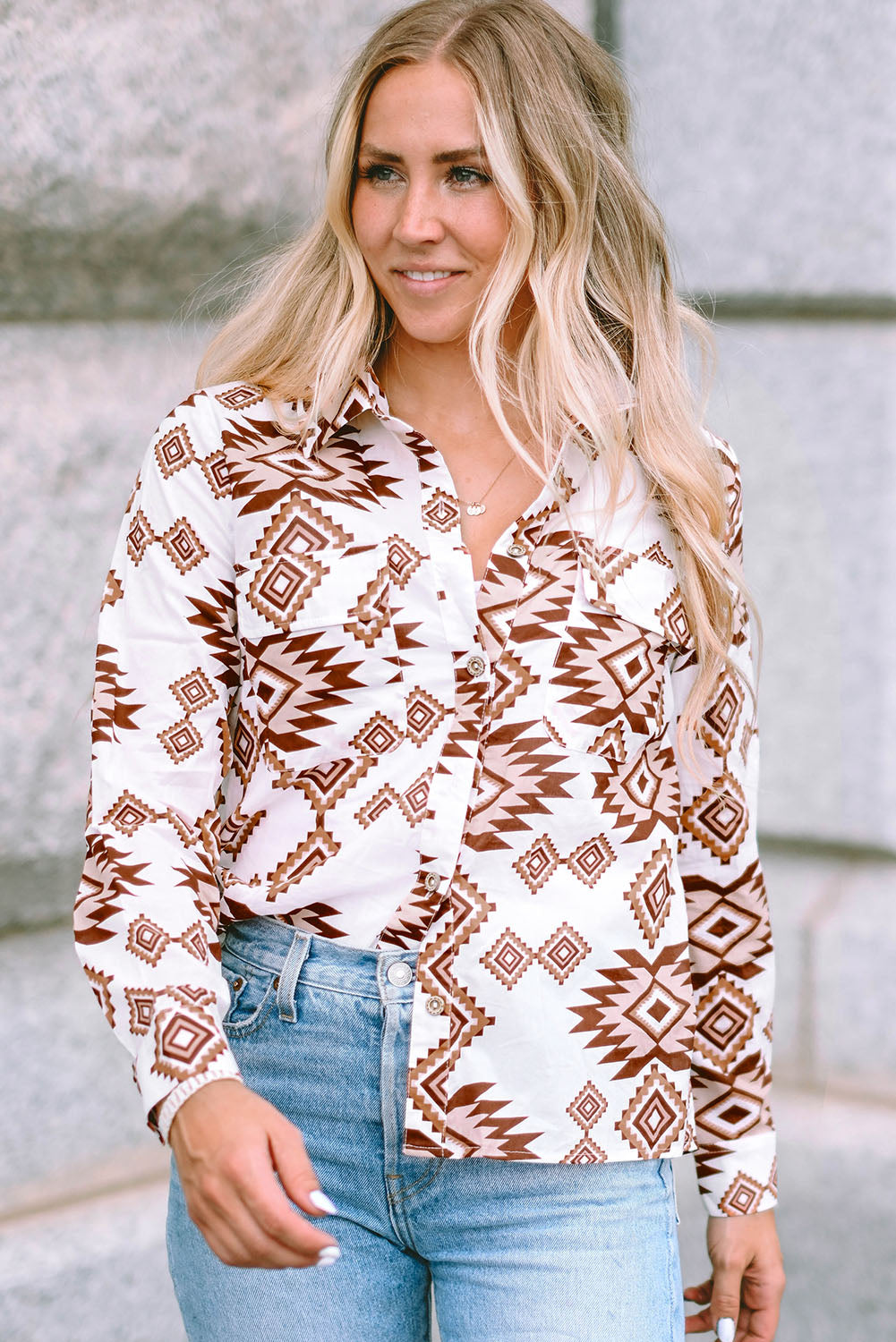 White Western Aztec Pattern Button Flap Pocket Shirt