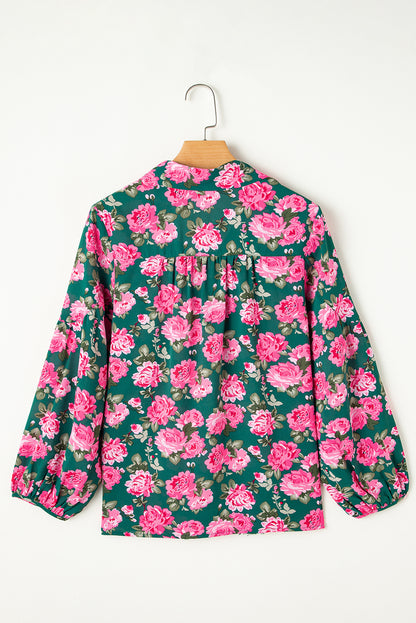 Green Floral Printed Tied Collar Puff Sleeve Blouse