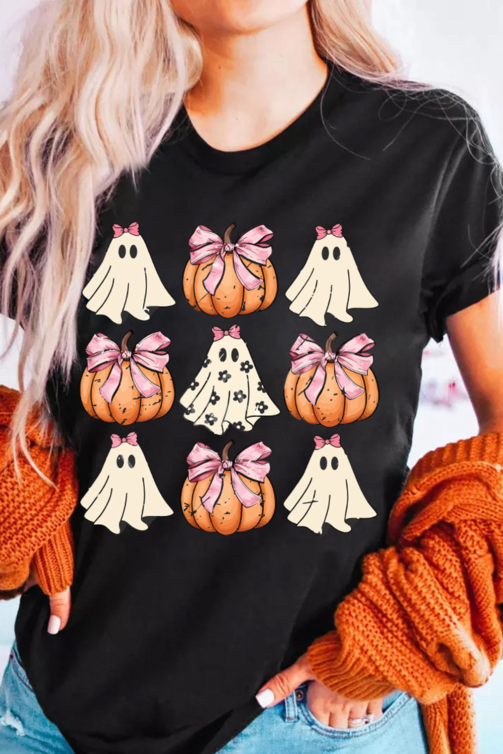 Black Bowknot Ghost Pumpkin Graphic Halloween T-Shirt