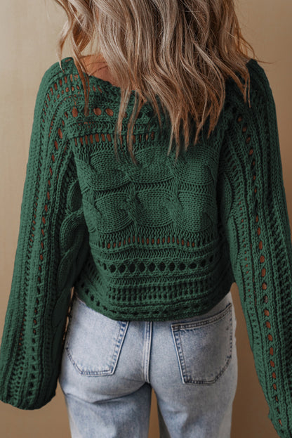 Blackish Green Hollow-out Cable Knit Cropped Sweater