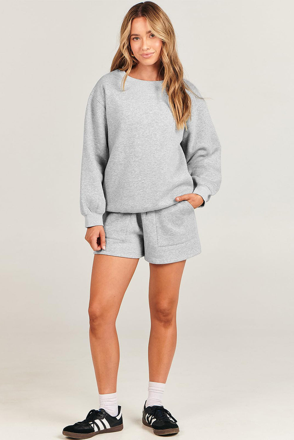 Light Grey Solid Pullover Sweatshirt and Shorts 2 Piece Set