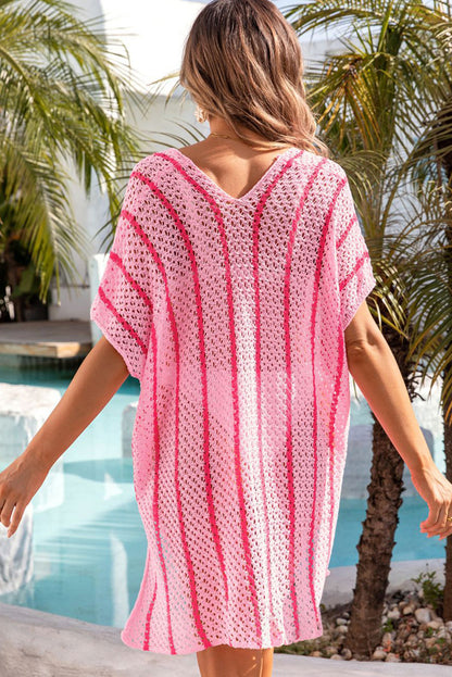 Pink Striped Crochet Loose Fit V-Neck Beach Cover-Up