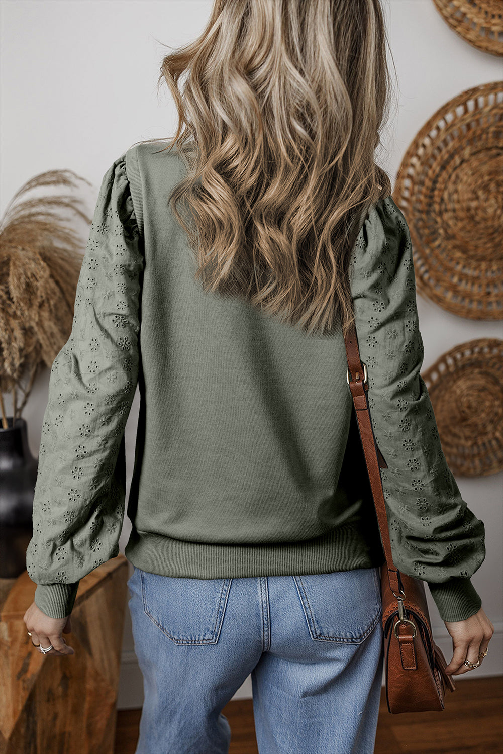 Grayish Green Solid Patchwork Sleeve Round Neck Sweatshirt