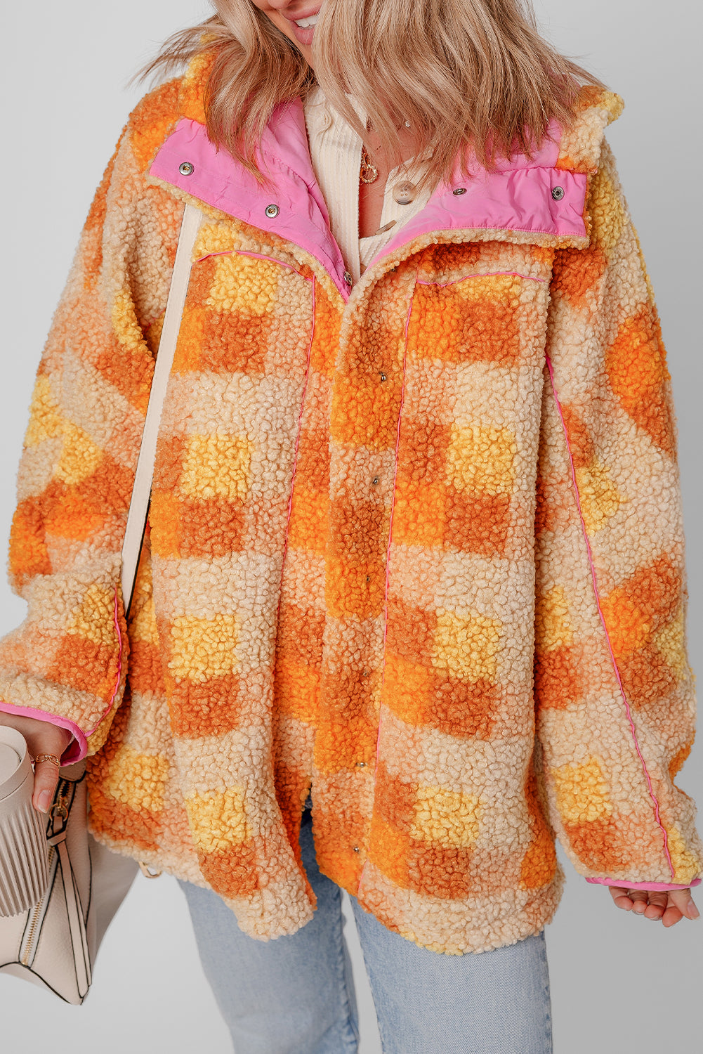 Orange Checkered Sherpa Hooded Jacket