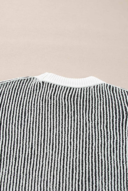 Black Striped Textured Knit Contrast Edge Loose Sweater