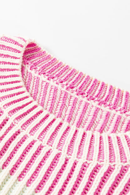 Pink Colorblock Textured Knit Bubble Sleeve Sweater