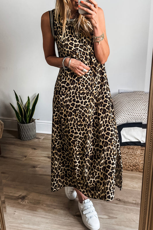 Black Contrast Striped Trim Leopard Sleeveless Maxi Dress