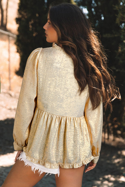 Gold Metallic Frilled V-Neck Puff Sleeve Babydoll Blouse