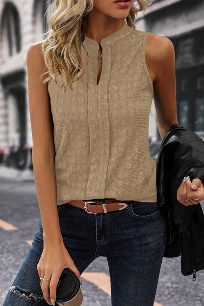 Light French Beige Lattice Textured Split Neck Tank Top