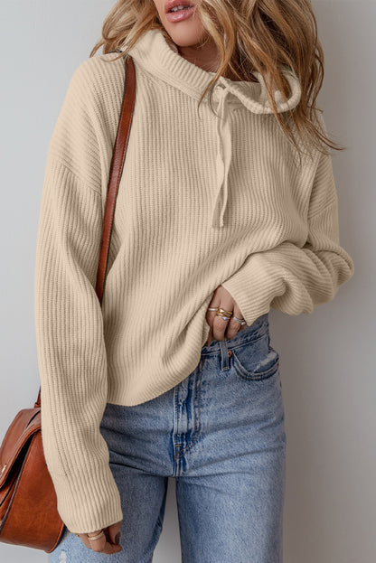 Beige Solid Color Drawstring Hooded Drop Shoulder Pullover Sweater